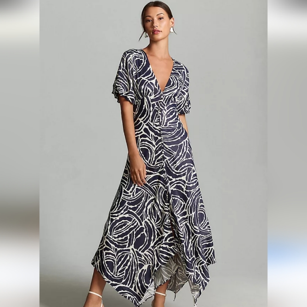Short-Sleeve V-Neck Button-Front Midi Dress
